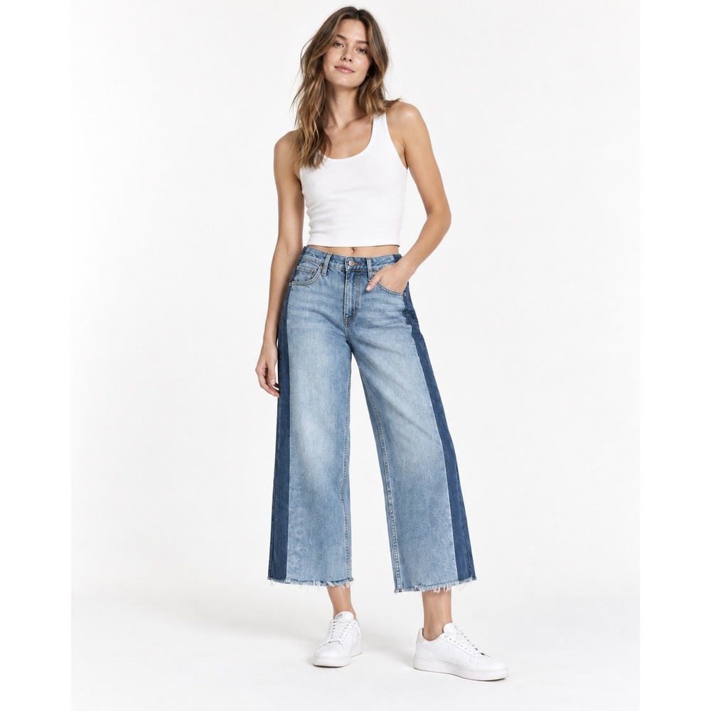 Gap Wide Leg Crop Jeans Womens 8/29S Blue Two Tone High Rise Raw Hem Denim